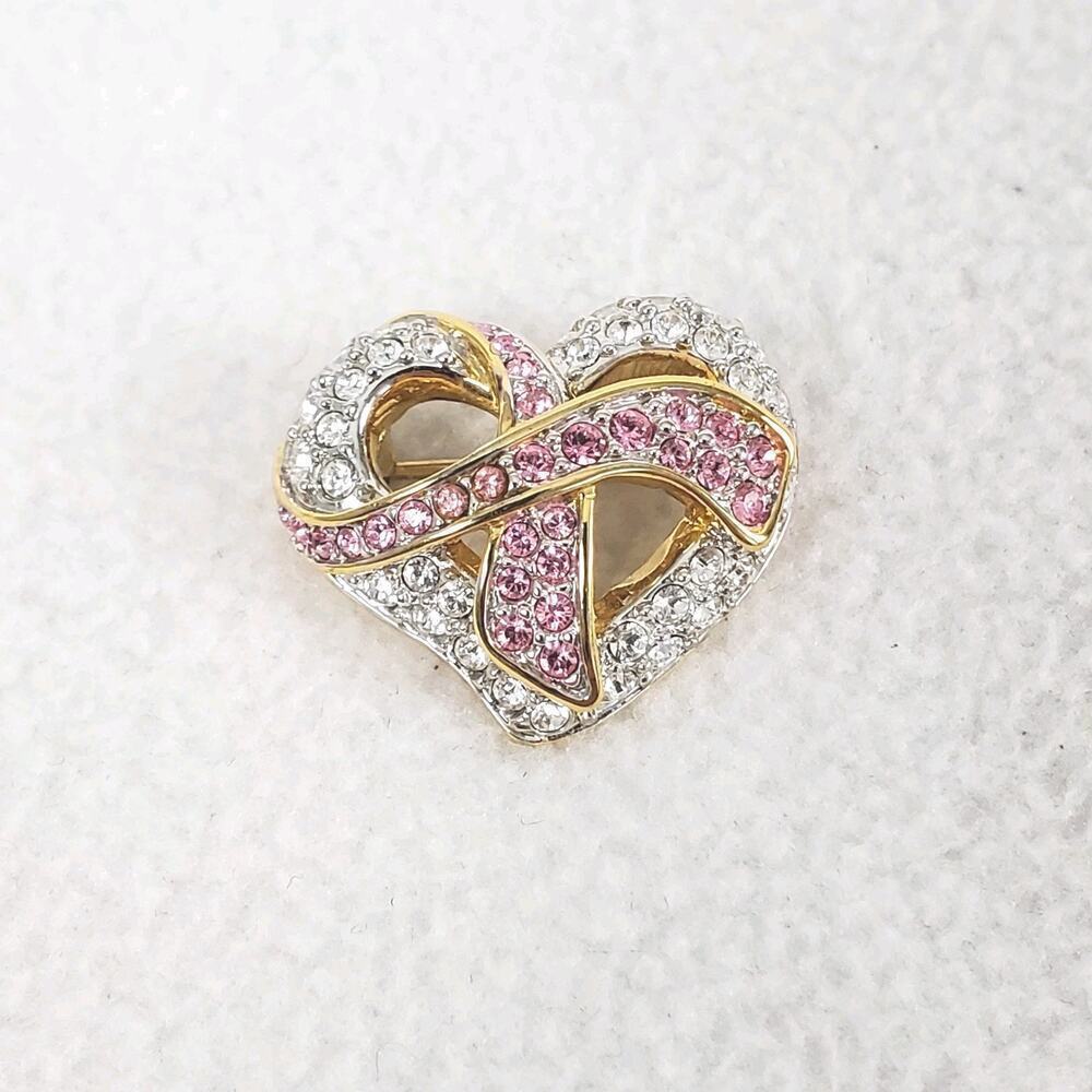 Vintage SWAROVSKI Pink & Clear Crystal Heart Breast Cancer Pin